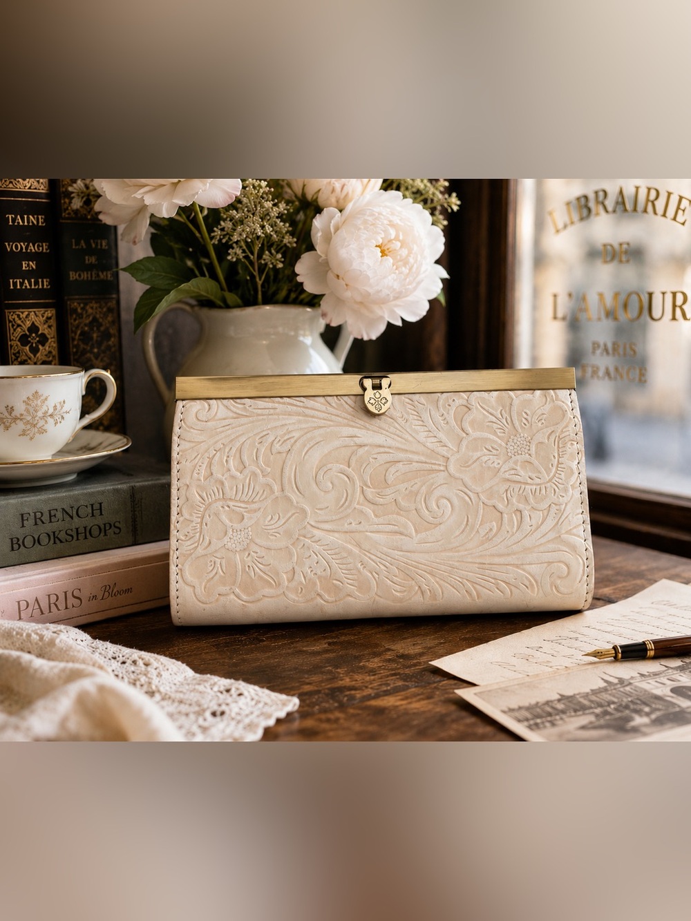 Patricia Nash Cauchi Wallet Chalk White Tooled Leather Western Luxe Cottagecore